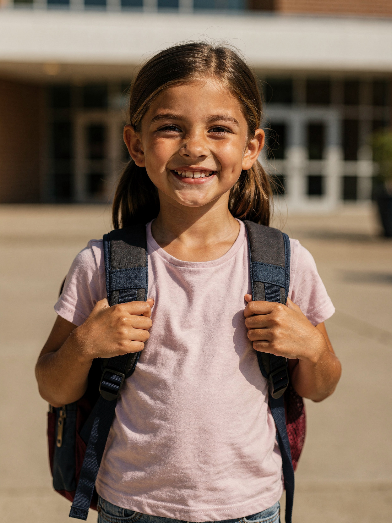 Petite fille souriante avec un sac à dos rose devant son école