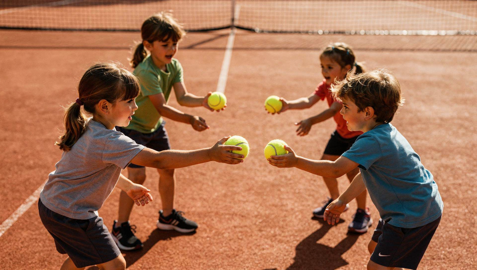 Groupe d'enfants en échauffement collectif sur un court de tennis