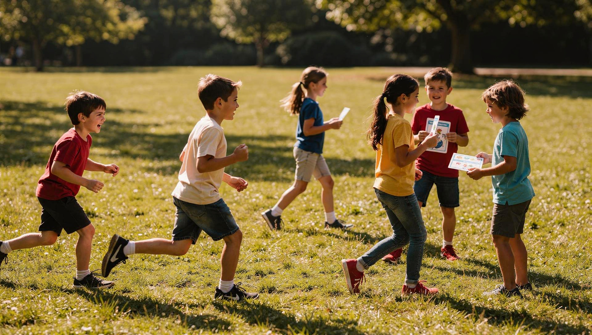 Enfants courant dans un parc avec des cartes pédagogiques à la main