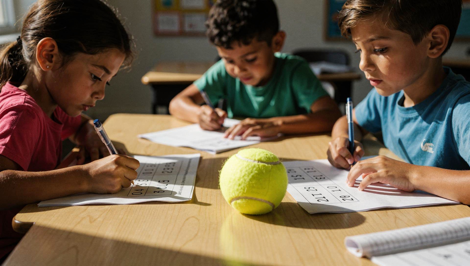 Enfant en situation d'apprentissage avec une balle de tennis
