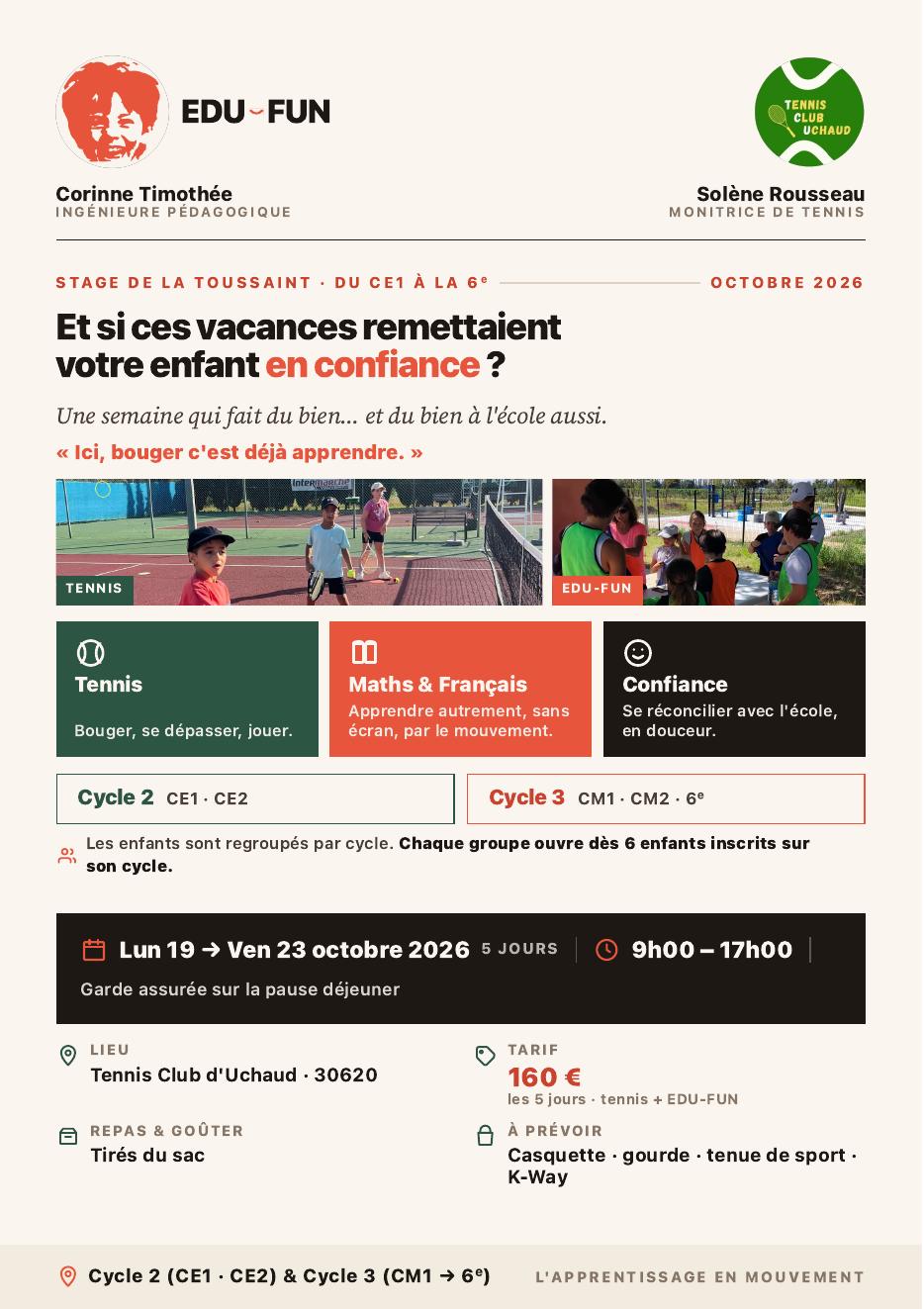 Flyer du stage EDU-FUN et Tennis Club d'Uchaud pour la Toussaint 2026