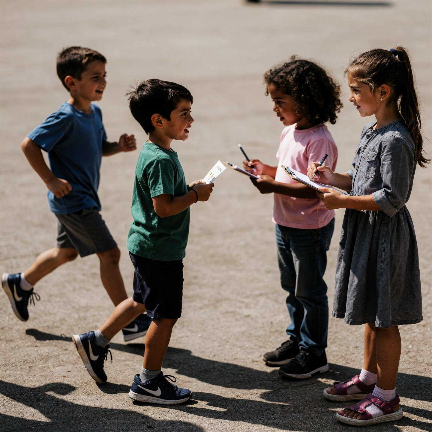 Enfants échangeant avec des porte-blocs dans une cour