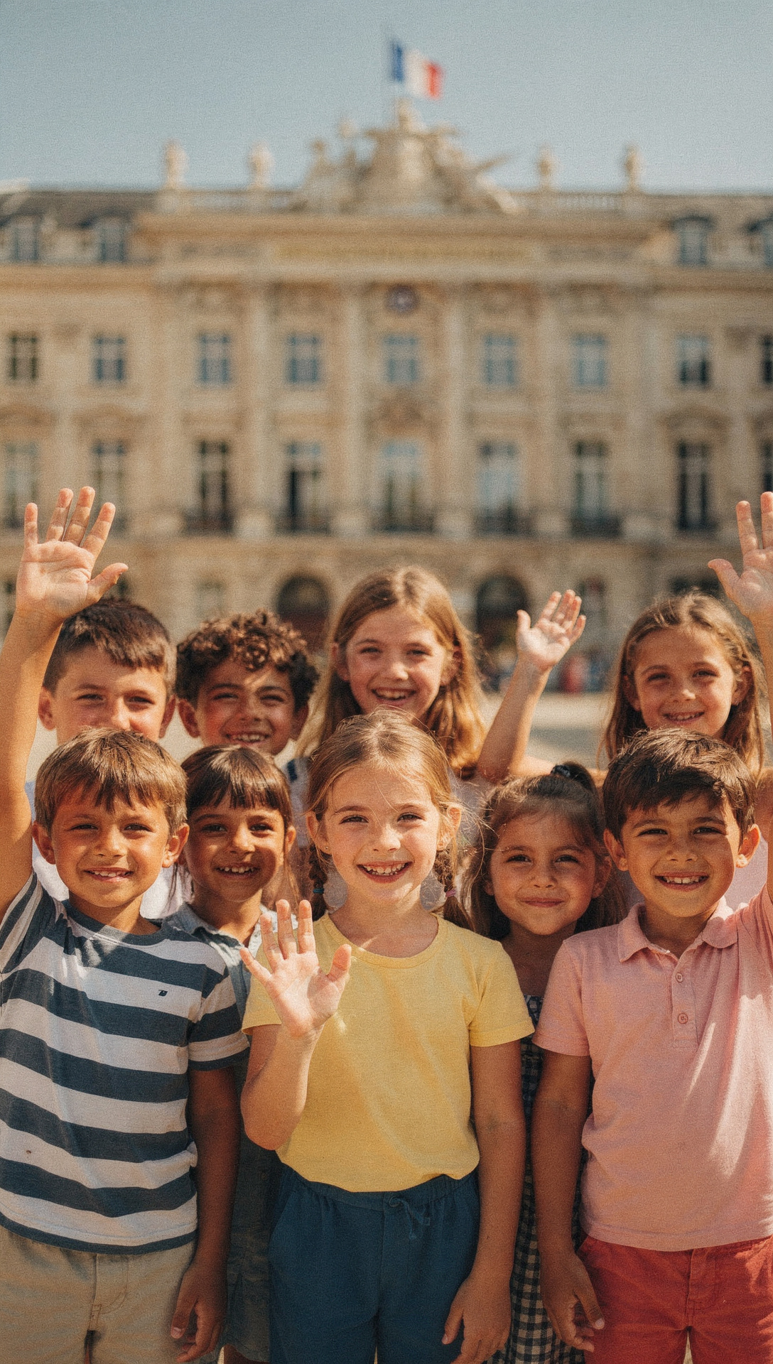 Groupe d'enfants devant un bâtiment public