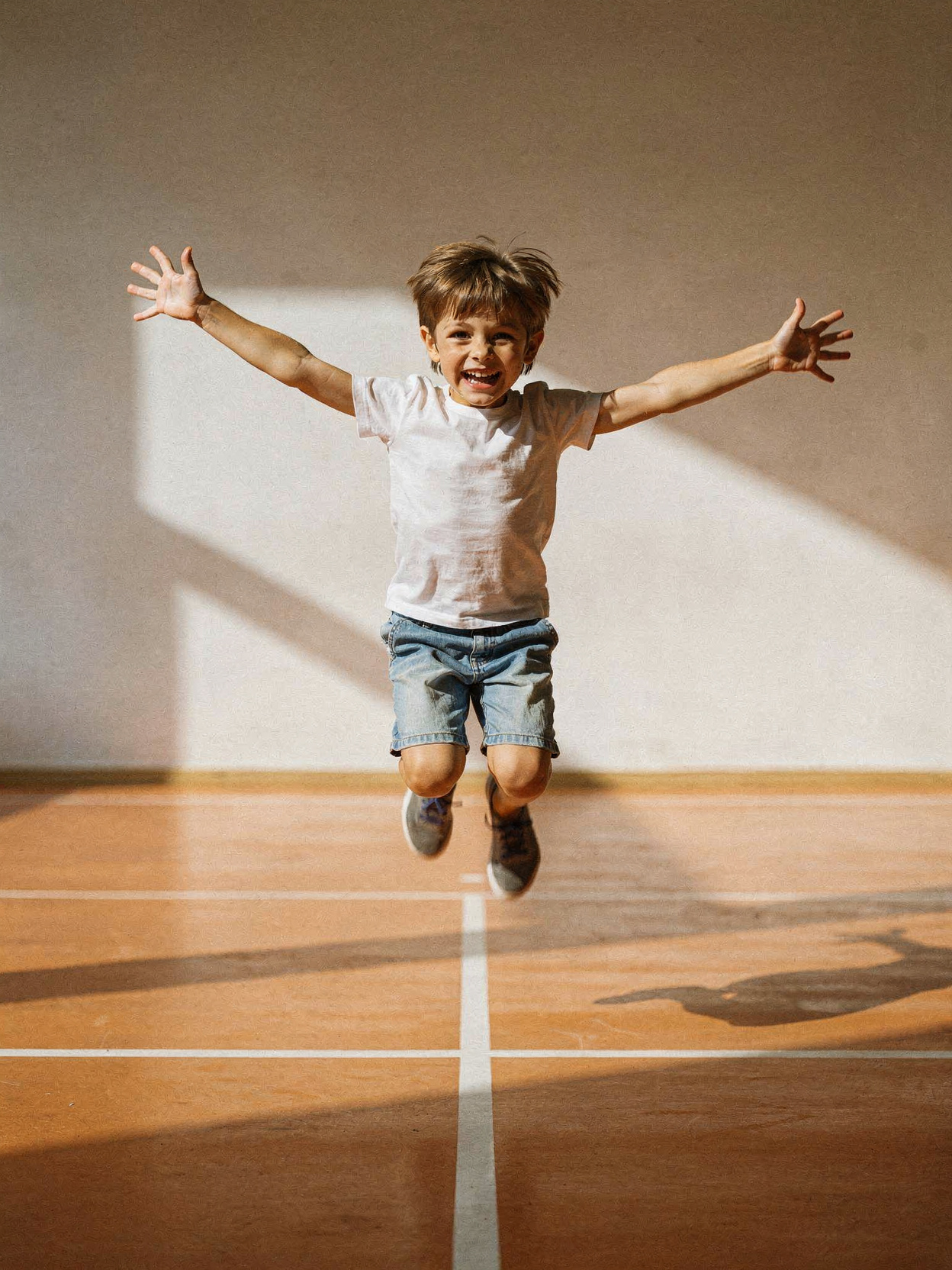Un enfant sautant de joie dans une salle de sport