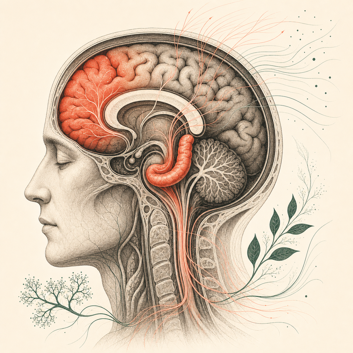 Planche anatomique : coupe sagittale du cerveau, hippocampe et cortex préfrontal mis en évidence